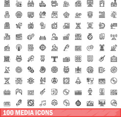 100 media icons set. Outline illustration of 100 media icons vector set isolated on white background