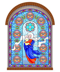 Beautiful colorful medieval stained glass window. Gothic architectural style. Illustration of Madonna and Child. Architecture in France churches. Middle ages in Western Europe. Vector drawing.