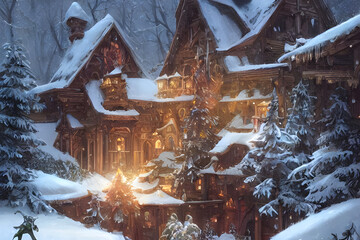 Dreamy Christmas tree with a snowy house in the background - digital painting - illustration