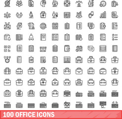 100 office icons set. Outline illustration of 100 office icons vector set isolated on white background