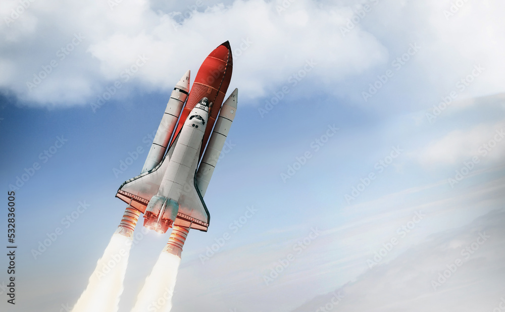 Fototapete space shuttle in sky. space rocket launch from earth. spaceship take off. elements of this image fur