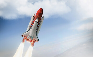 Space shuttle in sky. Space rocket launch from Earth. Spaceship take off. Elements of this image furnished by NASA