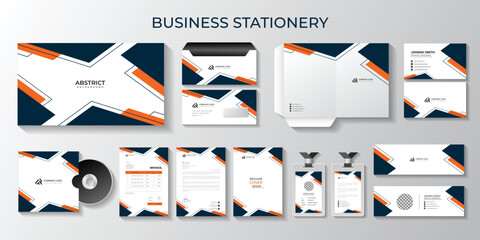orange and cyan Business style stationery, professional business full stationery and letterhead, identity, branding, id card, envelopes design