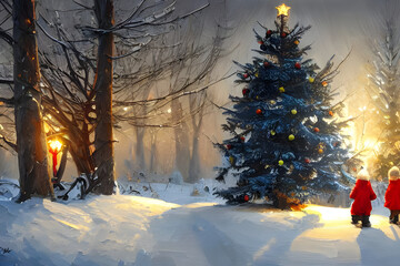 Dreamy Christmas tree with Christmas decorations in a snowy winter landscape digital painting - illustration