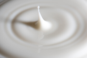 Closeup of drop of milk falling into milk bath