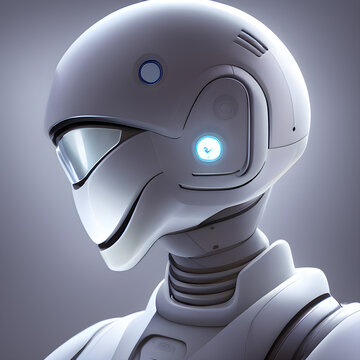 A high-tech futuristic android is walking down a busy street. It has a sleek, metal body with glowing blue eyes. Its skin is smooth and its movements are fluid.