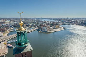Gordijnen Stockholm City Hall Roof and Golden Crowns on the Top. Sweden. Drone Point of View © Mindaugas Dulinskas