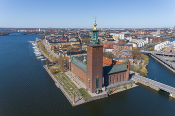Stockholm City Hall and Cityscape with Beautiful Old Town Architecture. Sweden. Drone Point of View