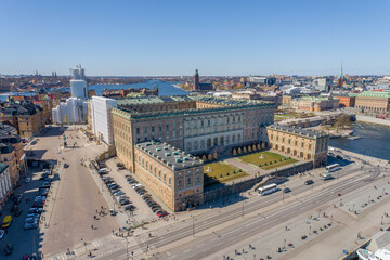 The Royal Palace is located in Gamla Stan Island in Stockholm, Sweden. Drone Point of View