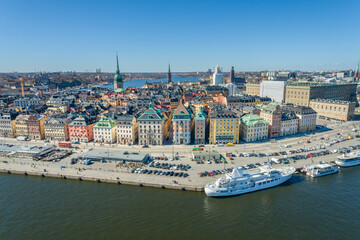 Fototapeta premium Stockholm Cityscape in Sweden. Old Town Architecture. Drone Point of View.