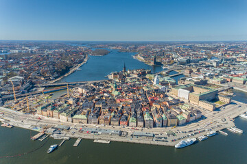 Stockholm Old Town and One of the most Famous City Island in Background. Sweden. Drone Point of...