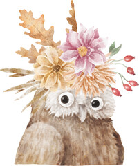Owl portrait with flowers