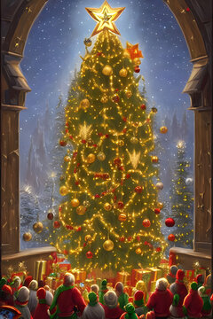 A crowd of people in front of a dreamy christmas tree with christmas decorations in a snowy winter landscape - digital painting - illustration