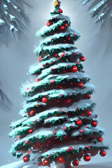 Dreamy Christmas tree with Christmas decorations in a snowy winter landscape digital painting - illustration