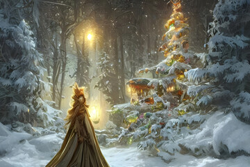 Fototapeta premium Dreamy Christmas tree with Christmas decorations in a snowy winter landscape digital painting - illustration