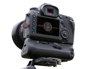 Camera DSLR with vertical grip, back view showing the electronic level display screen, isolated on white background