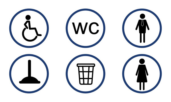 Public toilet icons set: male and female, disabled,vantus,trash can on white background.Elements for design and print.Vector illustration