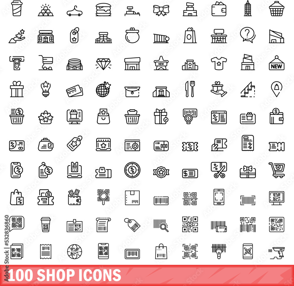 Wall mural 100 shop icons set. outline illustration of 100 shop icons vector set isolated on white background