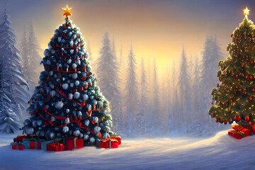 Christmas tree with christmas decorations and Christmas presents in a snowy winter forrest digital painting - illustration