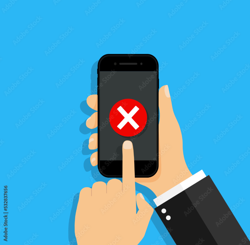 Poster cross icon in smartphone screen. hand hold phone with button of wrong, delete and correct. red x mar
