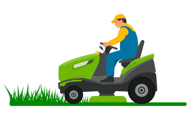 Lawn mower for mow of grass. Man on lawnmower mowing garden. Tractor ride on field. Gardener care for green. Summer gardening. Professional job in agriculture. Equipment for cut. Vector - obrazy, fototapety, plakaty