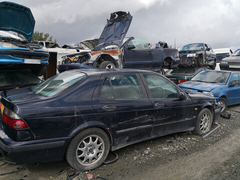 The scrap yard with old cars of crushed cars