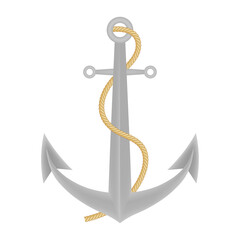 Single realistic shiny steel anchor with rings and shadow on white background isolated  illustration.