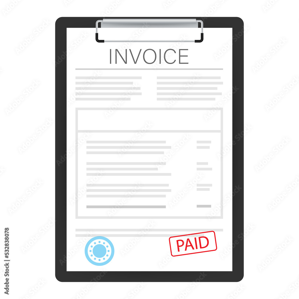 Sticker Invoice with paid stamp in clipboard.  stock illustration.