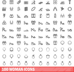 100 woman icons set. Outline illustration of 100 woman icons vector set isolated on white background