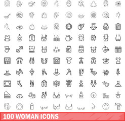 100 woman icons set. Outline illustration of 100 woman icons vector set isolated on white background