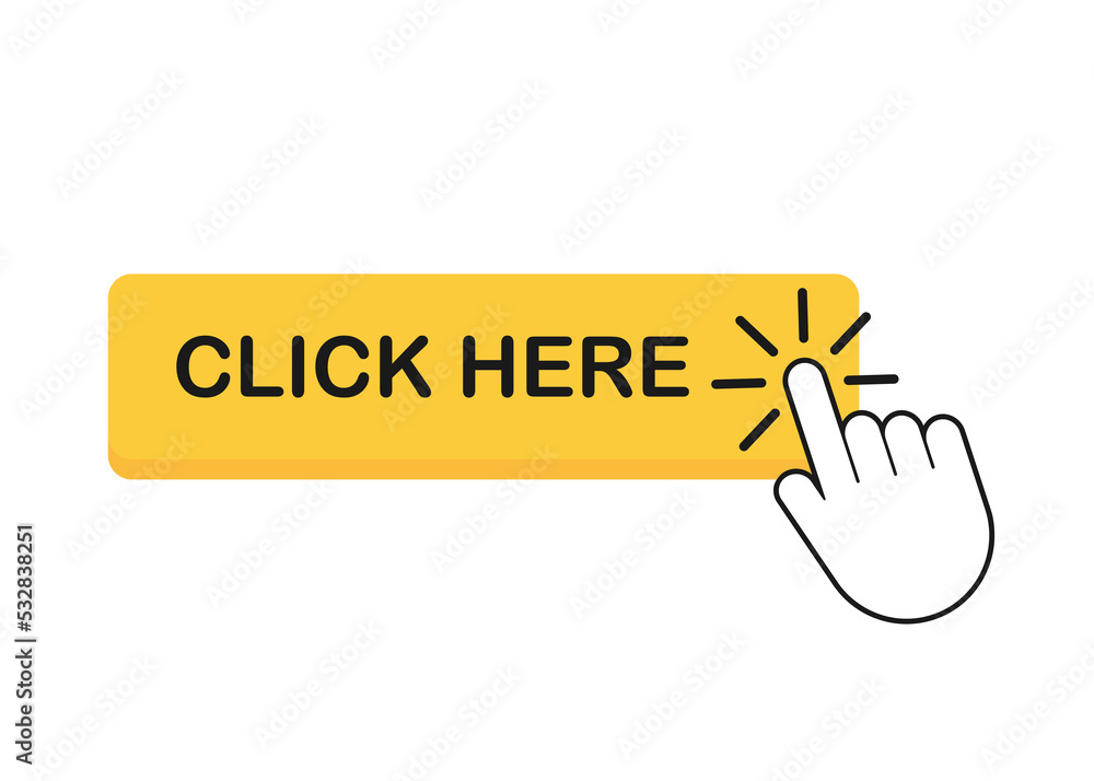 Poster click here button with hand pointer clicking. stock illustration.