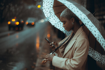 Side profile of a dazzling young black female with short hair using a spotty umbrella while...