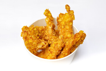 Bowl of deep fried chicken tenders, isolated on white Background