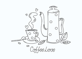 Coffee pot, cup and spoon, doodle drawings. Hot drink, coffee. Mint leaf. Vector illustration.