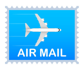 Blue Air mail stamp and airplane on blue background.  stock illustration.