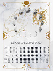 Vertical Lunar Calendar of 2023 for Northern Hemisphere. Moon Calendar with watercolor lunar phases and golden elements.