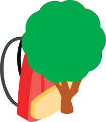 Offline education icon isometric vector. Bright school backpack near green tree. Education, learning, studying