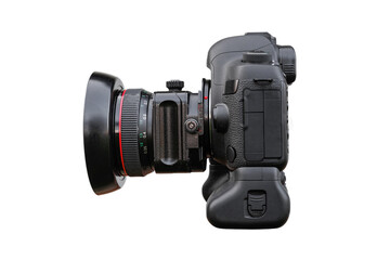Photography lens with shifting capacity, illustration of shift movements on camera DSLR with vertical grip, side view, isolated on white background