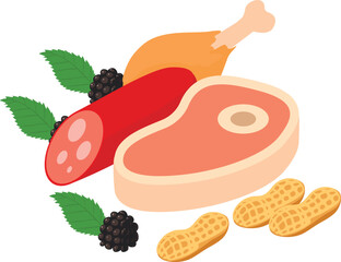 Meat food icon isometric vector. Chicken leg, sausage stick and beef tenderloin. Meat product, cooking food