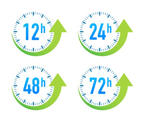 12, 24, 48, 72 hours clock arrow. Work time effect or delivery service time.  stock illustration.