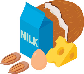 Protein food icon isometric vector. Package of milk, piece cheese, coconut and egg. Natural ingredient, healthy food