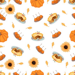 Autumn hand drawn seamless pattern with seasonal elements on white background. Great for fabric, wallpaper, textile, packaging. Vector illustration.