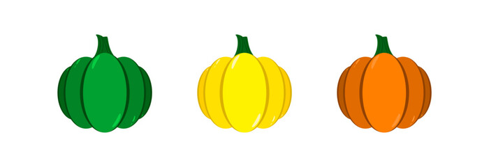 Autumn pumpkins are green, yellow and orange. Vector set.