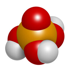 Phosphoric acid mineral acid molecule. Used in fertilizer production, biological buffers, as food additive, etc