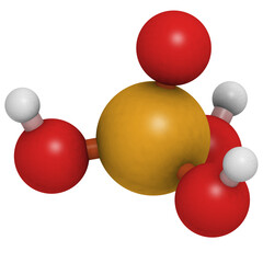 Phosphoric acid mineral acid molecule. Used in fertilizer production, biological buffers, as food additive, etc