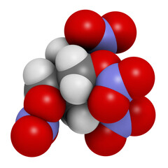 Pentaerythritol tetranitrate (PETN) explosive molecule. Also used as angina drug (nitrate class)
