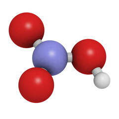 Nitric acid (HNO3) strong mineral acid molecule. Used in production of fertilizer and explosives