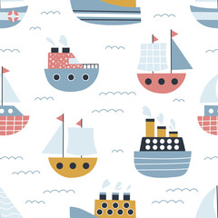 Marine seamless pattern with ships, sailboats, sea waves and boats. Hand drawn doodle transportation. Summer vector illustration.