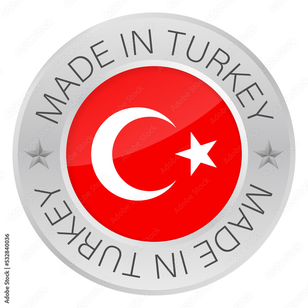 Canvas Prints Glossy metal badge icon, made in Turkey with flag.  stock illustration.