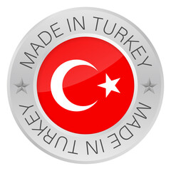 Glossy metal badge icon, made in Turkey with flag.  stock illustration.
